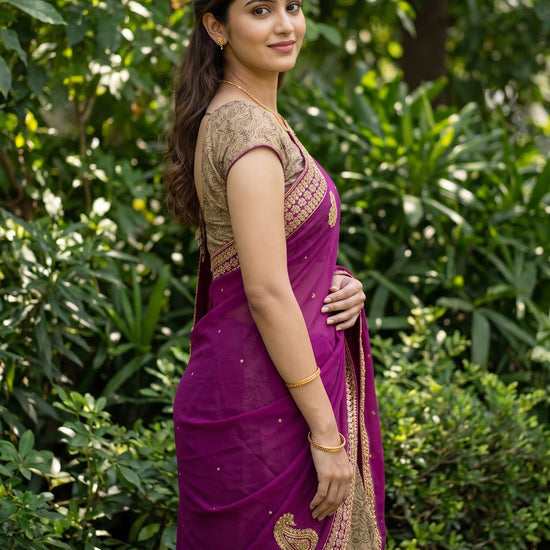 Magenta Georgette Crepe Embroidered Saree - Side View