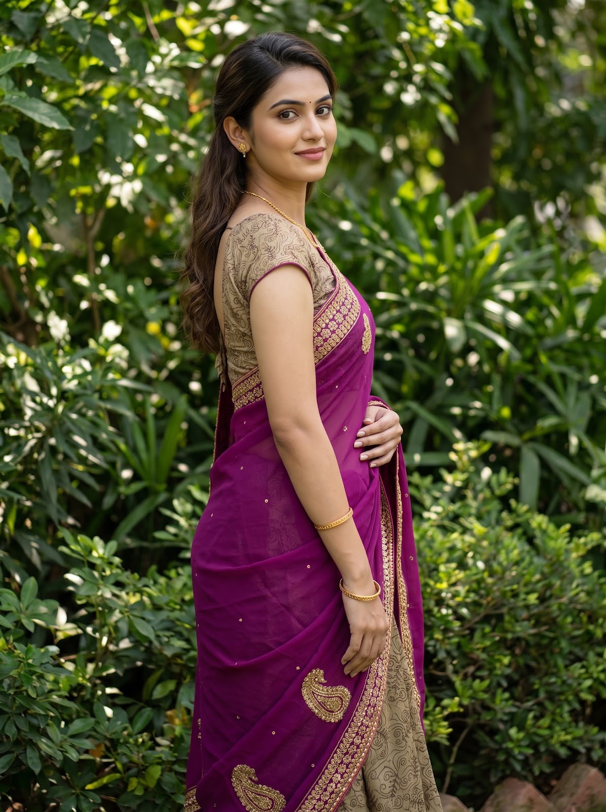 Magenta Georgette Crepe Embroidered Saree - Side View