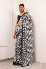 Black White Net Embroidered Sequence Saree With Unstitched Blouse