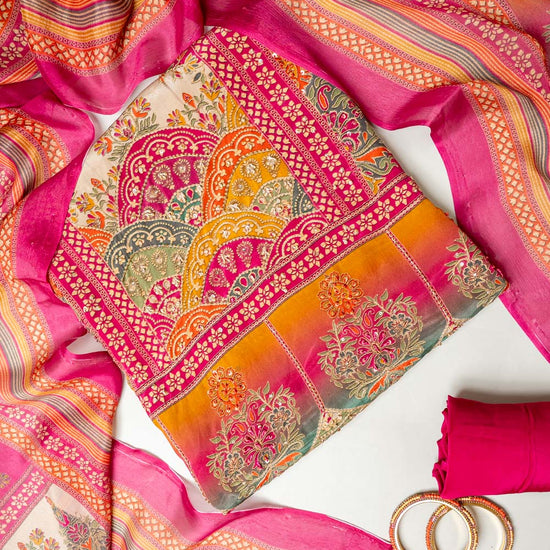 Tussar Rani Crepe Unstitched Suit - styled flat lay