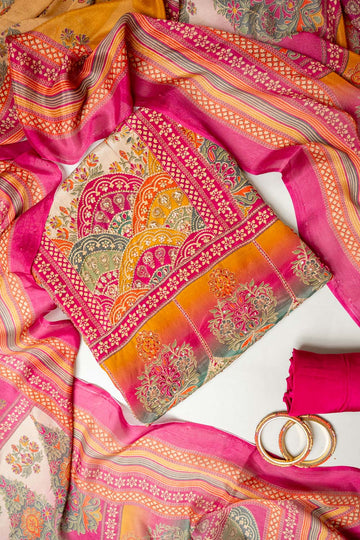 Tussar Rani Crepe Unstitched Suit - styled flat lay