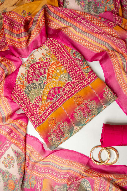 Tussar Rani Crepe Unstitched Suit - styled flat lay
