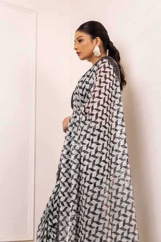 Black White Net Embroidered Sequence Saree With Unstitched Blouse