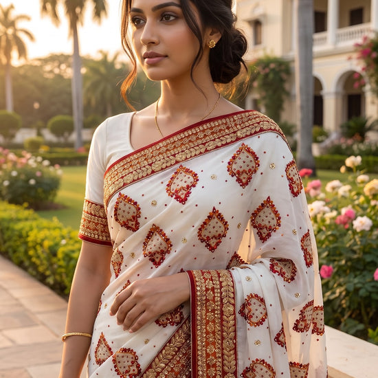 White Georgette Embroidered Saree - Embroidery Closeup