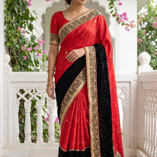 Red Crepe Embroidered Saree - Hero View