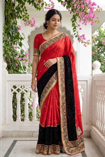 Red Crepe Embroidered Saree - Hero View
