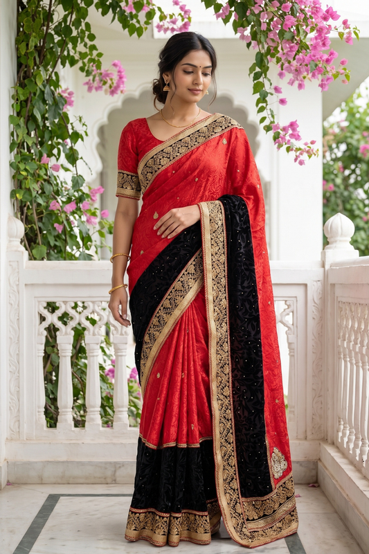 Red Crepe Embroidered Saree - Hero View