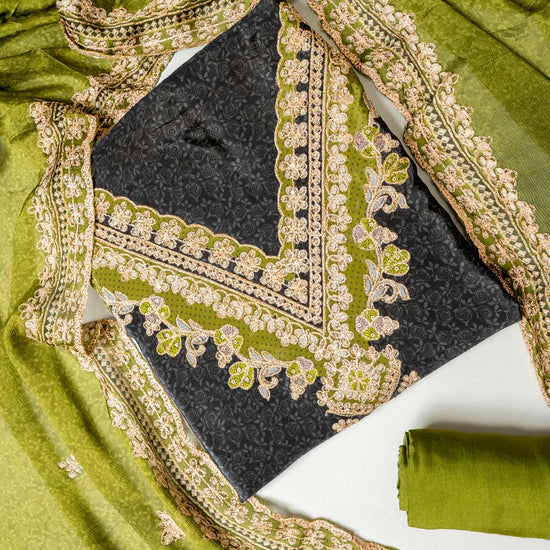 UN8807-RTC-540752 Black Mehandi Unstitched Suit embroidery detail