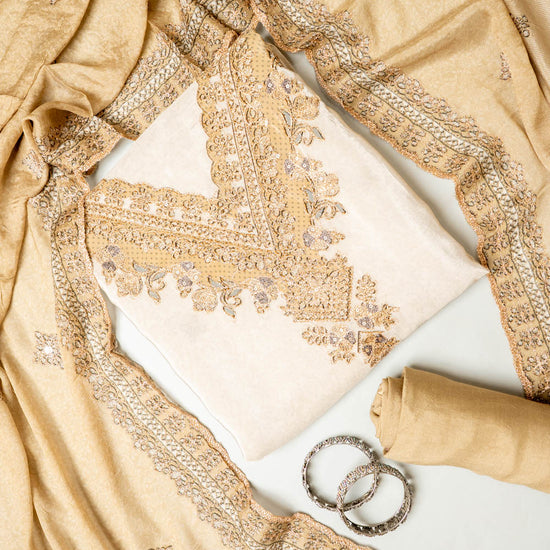 UN8808-RTC-540752 Tussar Mustard Unstitched Suit embroidery detail