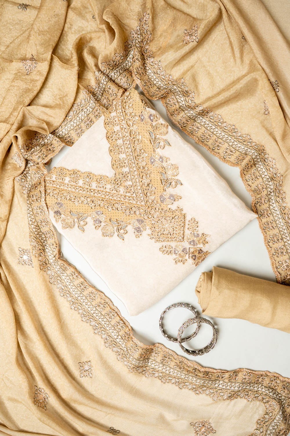 UN8808-RTC-540752 Tussar Mustard Unstitched Suit embroidery detail