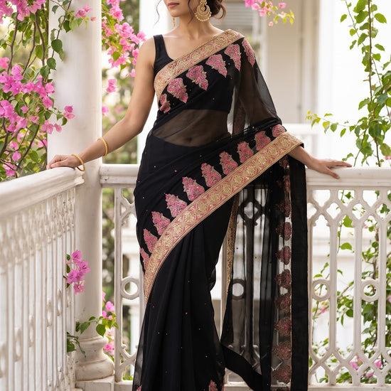 Black Chiffon Embroidered Saree - Full Drape