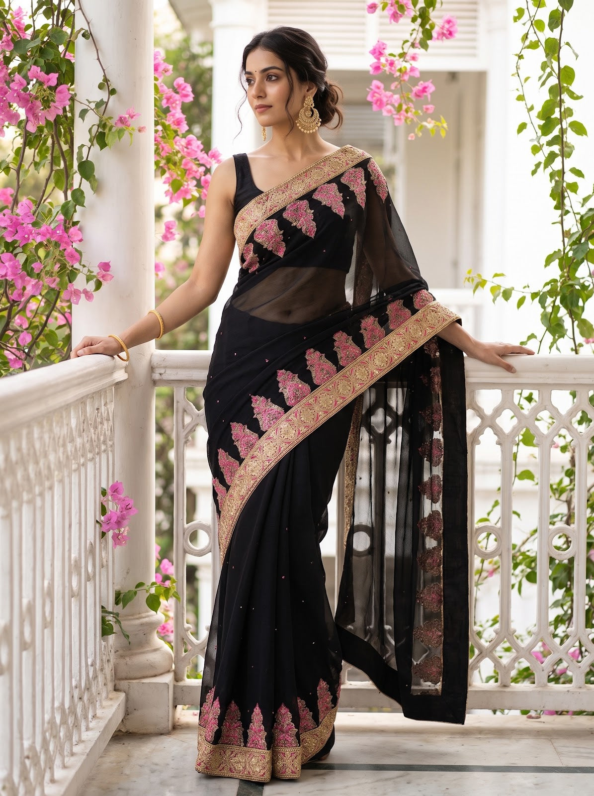 Black Chiffon Embroidered Saree - Full Drape
