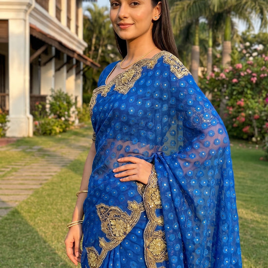 Royal Blue Kora Silk Embroidered Saree - Side View