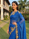 Royal Blue Kora Silk Embroidered Saree - Side View