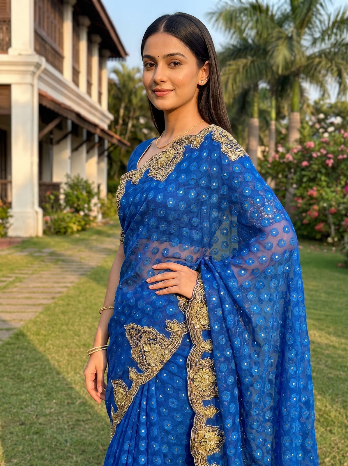 Royal Blue Kora Silk Embroidered Saree - Side View