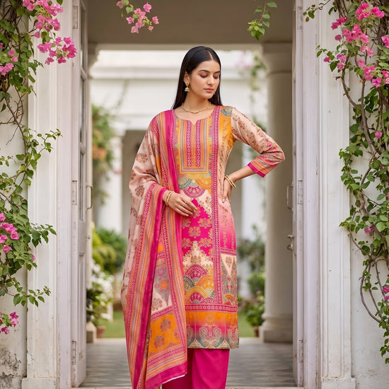 Tussar Rani Crepe Unstitched Suit - styled look