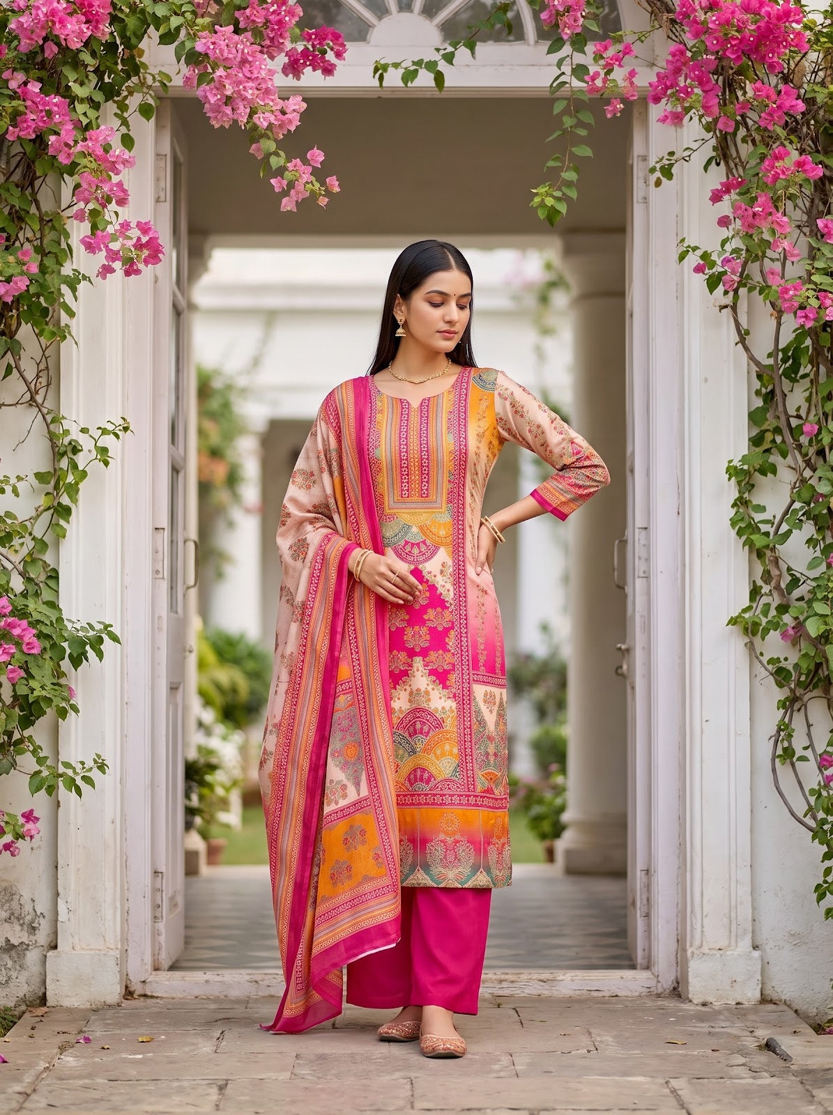 Tussar Rani Crepe Unstitched Suit - styled look