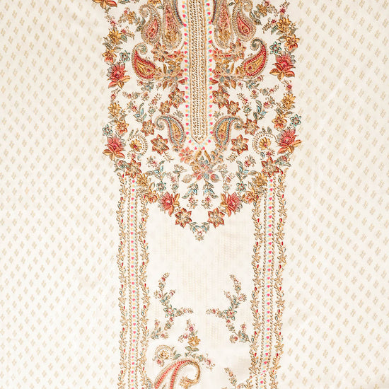 Off White Crepe Unstitched Suit - neckline embroidery close up