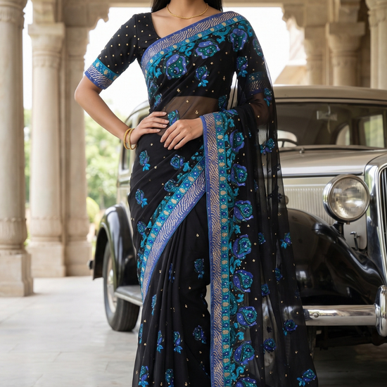 Black Chiffon Embroidered Saree - Hero View