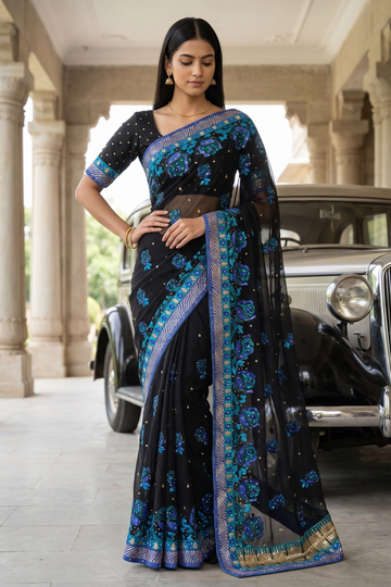 Black Chiffon Embroidered Saree - Hero View