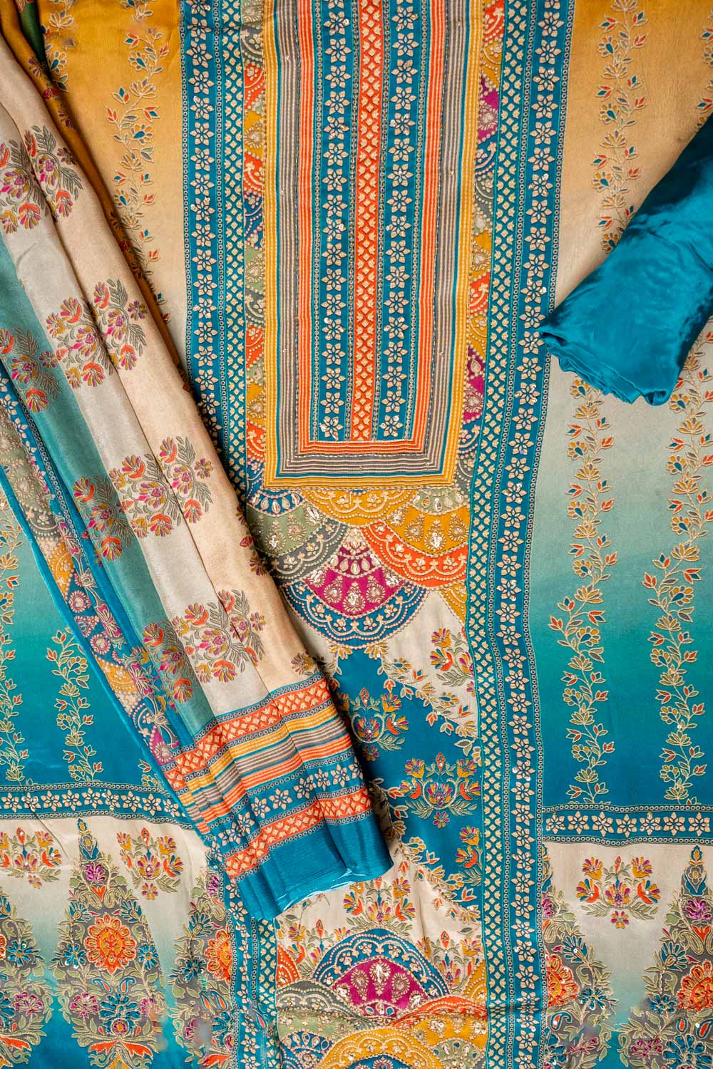 Tussar Rama Crepe Unstitched Suit - styled flat lay