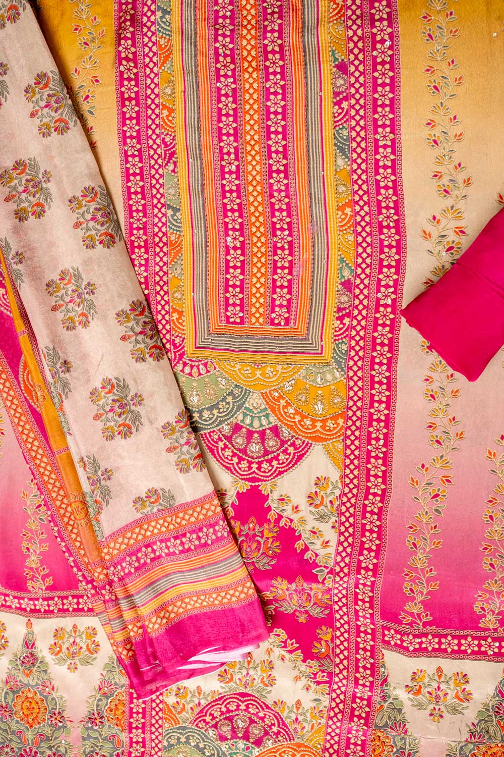 Tussar Rani Crepe Unstitched Suit - flat lay detail
