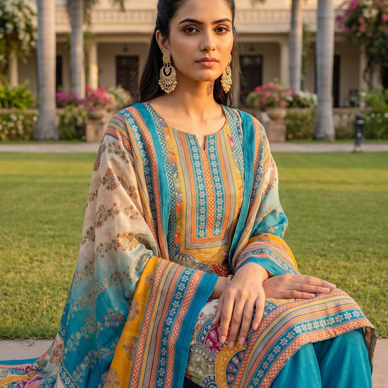 Tussar Rama Crepe Unstitched Suit - styled look