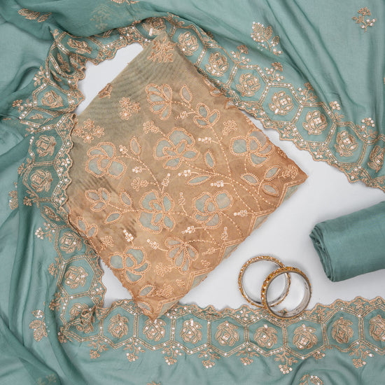 Tussar mint green unstitched suit - hero flatlay