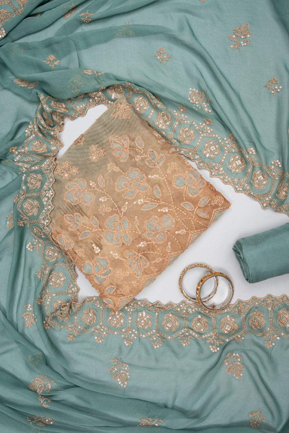 Tussar mint green unstitched suit - hero flatlay