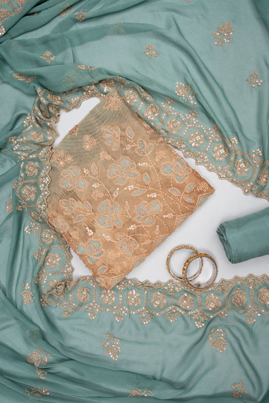 Tussar mint green unstitched suit - hero flatlay