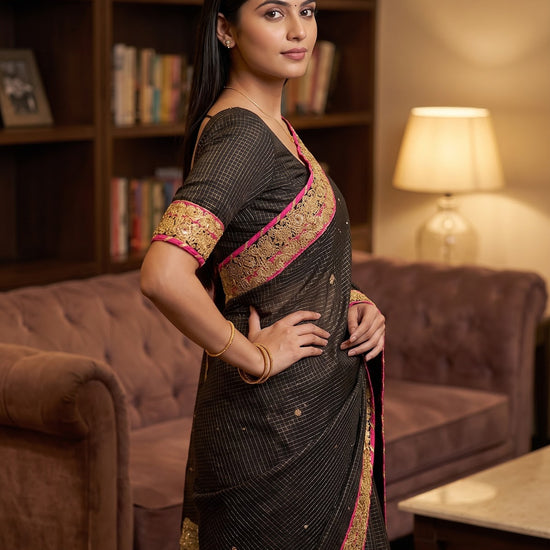 Black Tussar Embroidered Saree - Side View