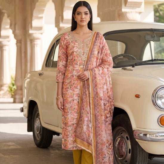 Peach Pista Crepe Unstitched Salwar Suit - AI model