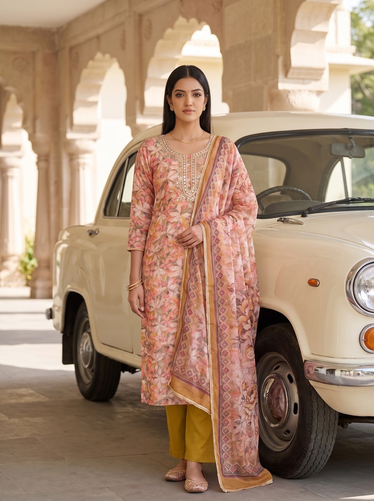 Peach Pista Crepe Unstitched Salwar Suit - AI model