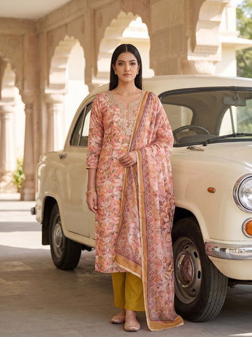 Peach Pista Crepe Unstitched Salwar Suit - AI model