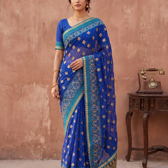 Royal Blue Chiffon Embroidered Saree - Full Drape