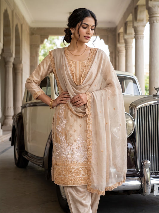 Timeless Beauty Tussar Silk Unstitched Salwar Suit With Chinon Dupatta