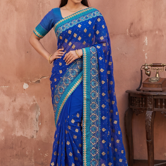 Royal Blue Chiffon Embroidered Saree - Hero View