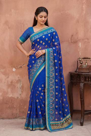 Royal Blue Chiffon Embroidered Saree - Hero View