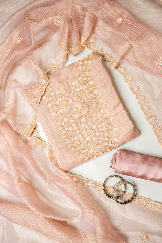 Blush Elegance Peach Crush Tissue Unstitched Salwar Suit With Tissue Dupatta
