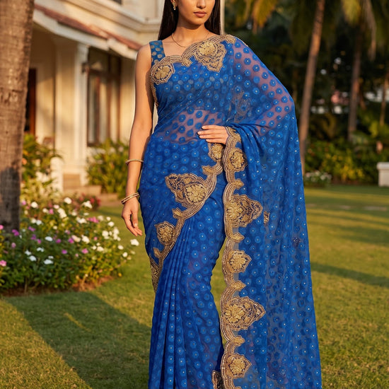 Royal Blue Kora Silk Embroidered Saree - Full Drape