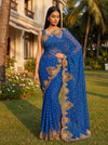 Royal Blue Kora Silk Embroidered Saree - Full Drape