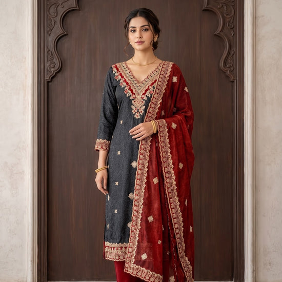 UN8807-RTC-540752 Black Maroon Unstitched Suit styled look