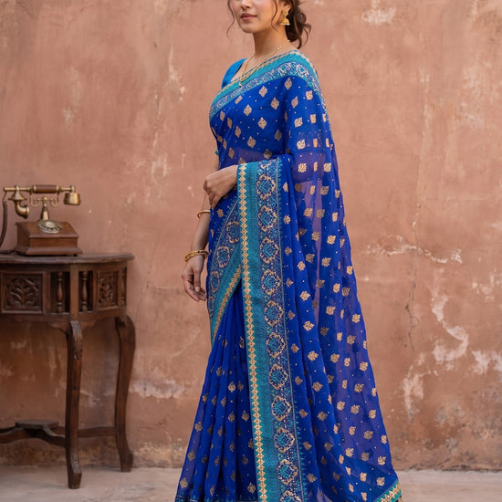Royal Blue Chiffon Embroidered Saree - Side View