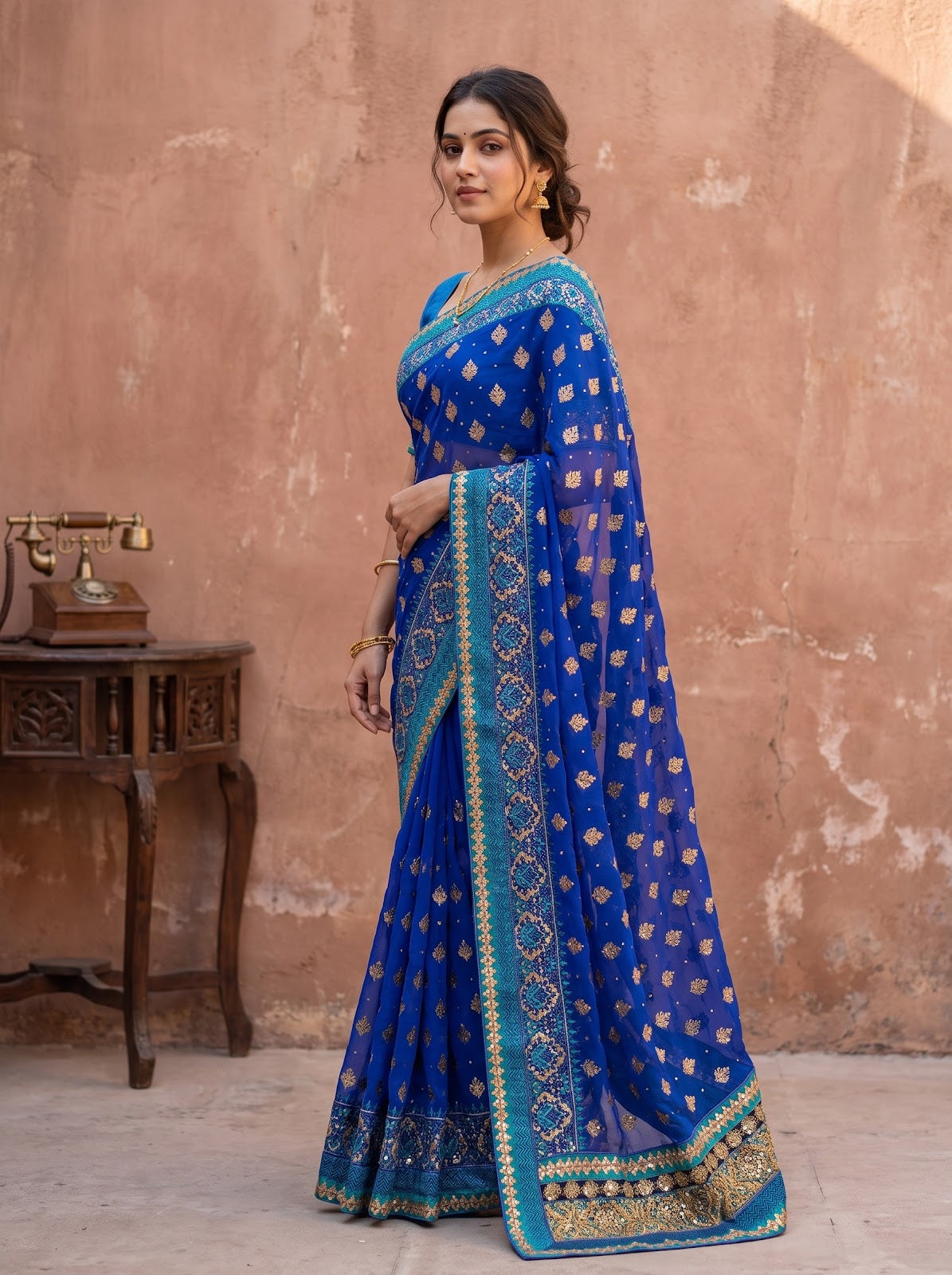 Royal Blue Chiffon Embroidered Saree - Side View