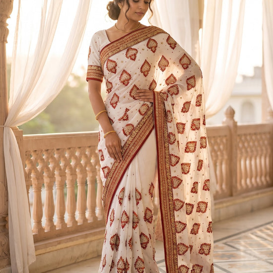 White Georgette Embroidered Saree - Full Drape