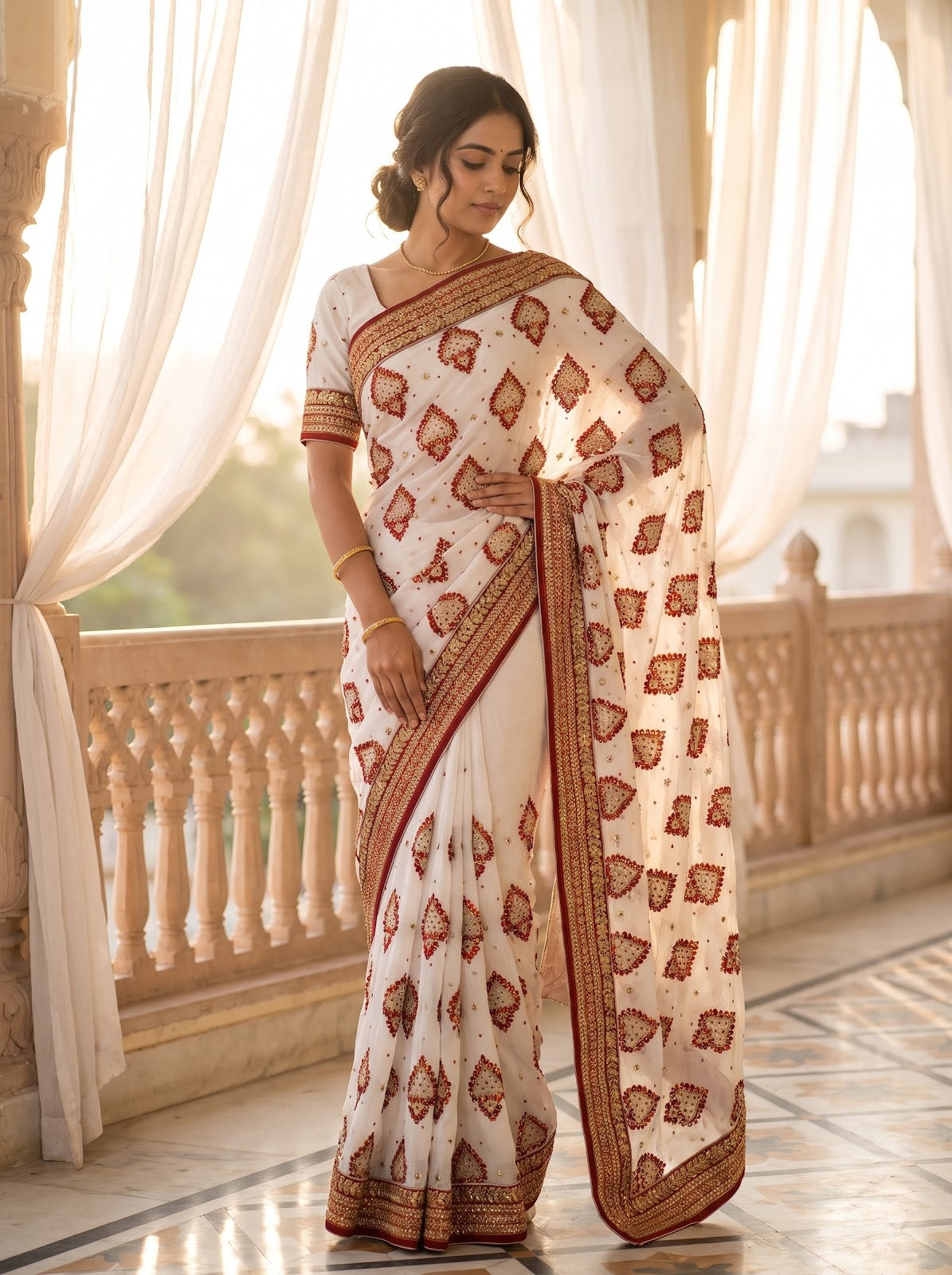 White Georgette Embroidered Saree - Full Drape