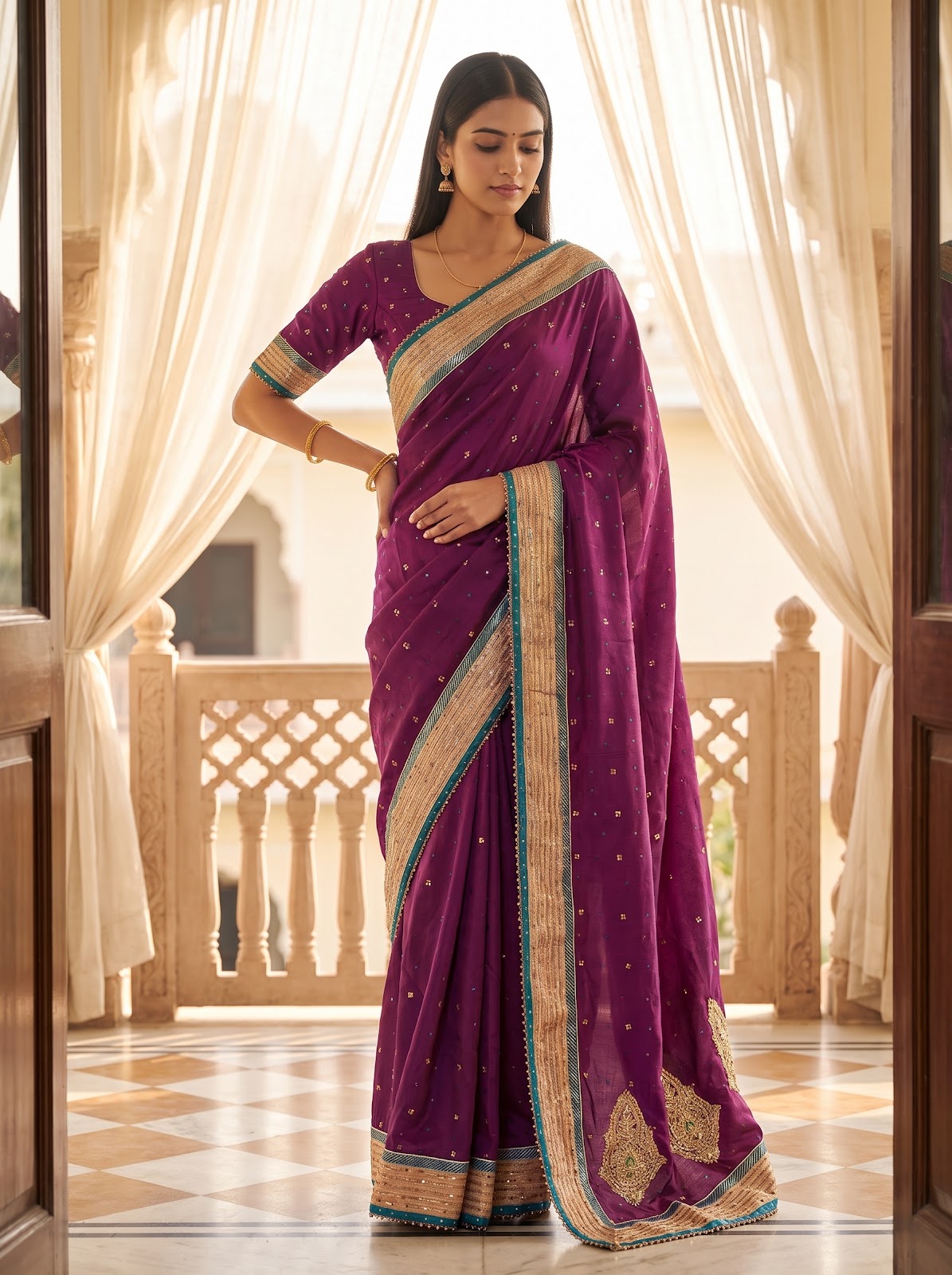 Magenta Dola Embroidered Saree - Full Drape