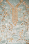 Grey Crush Tissue Unstitched Suit - neckline embroidery close up