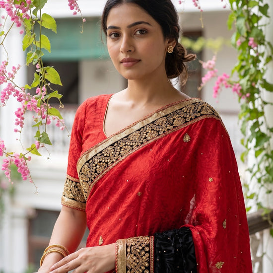 Red Crepe Embroidered Saree - Embroidery Closeup