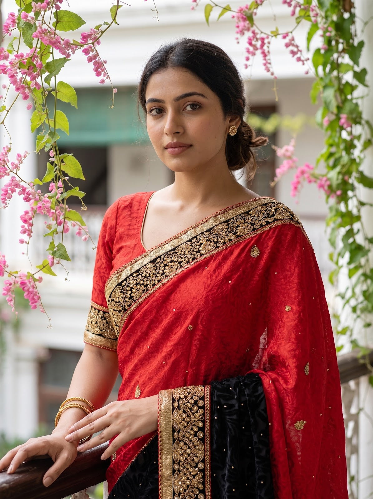 Red Crepe Embroidered Saree - Embroidery Closeup